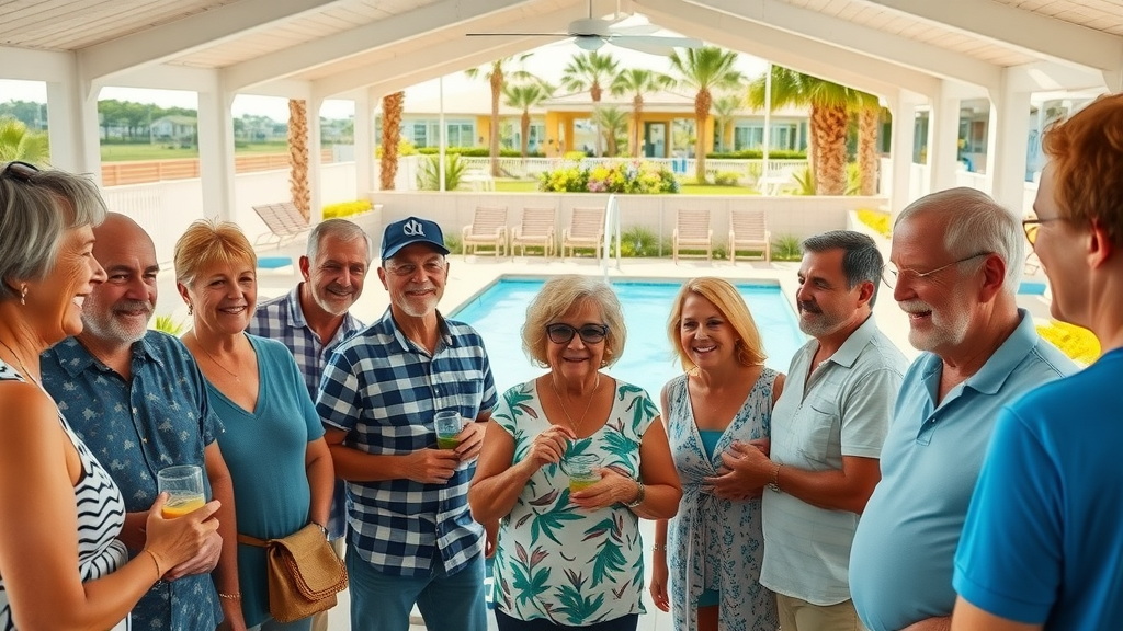 Guests socializing at recreation hall and pool of a coastal RV resort
