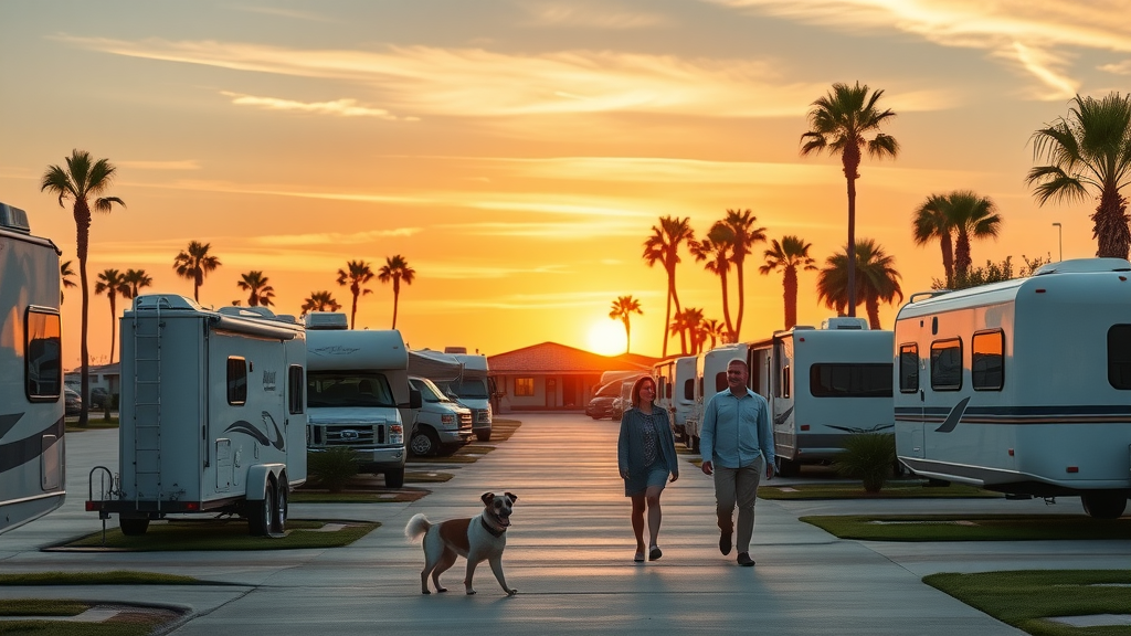 Sunset at coastal RV resort with RVs, palm trees, and couples walking