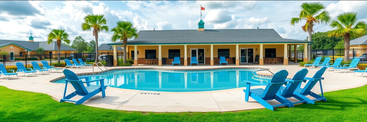 Inviting pool area at a family friendly RV resort with lounge chairs and clubhouse.