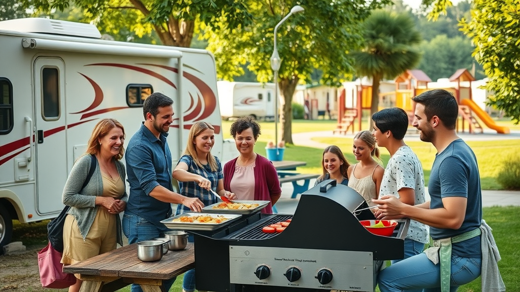 Families socializing and cooking at a family friendly RV resort picnic area