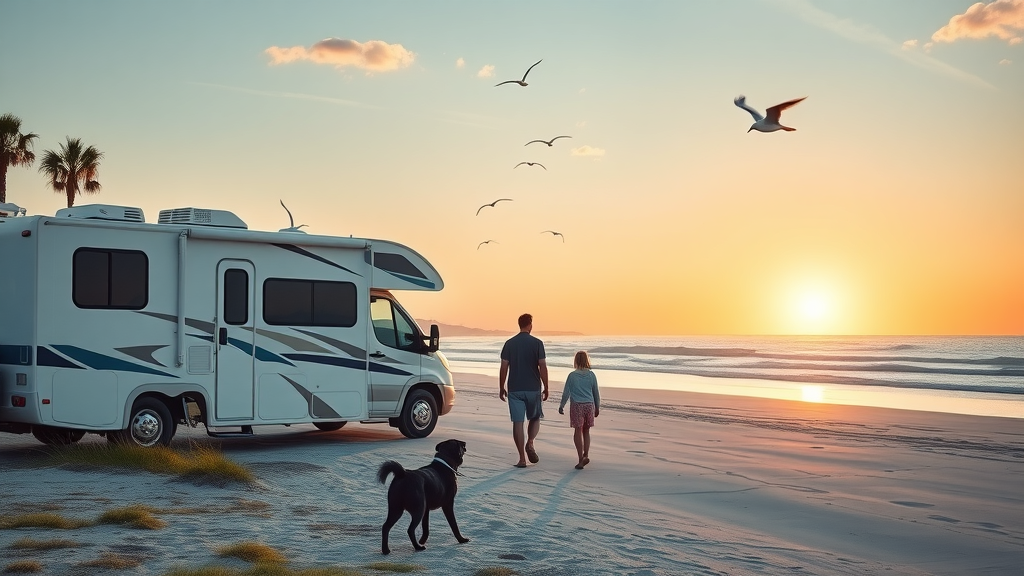 Family walking to beach from a family friendly RV resort at sunrise