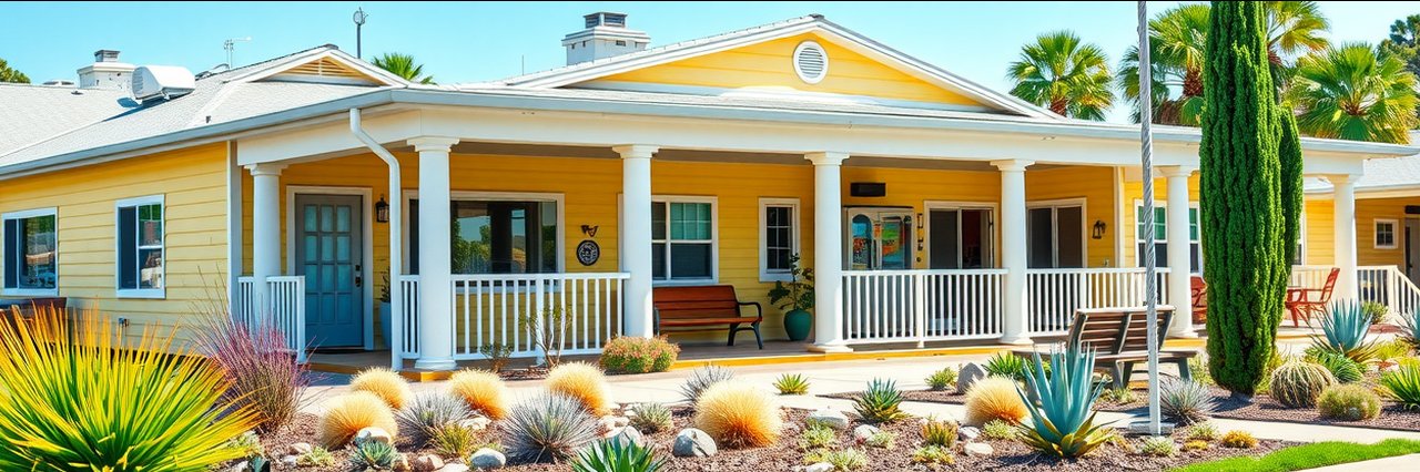 Charming RV resort clubhouse with lush landscaping showing top rv resort amenities.