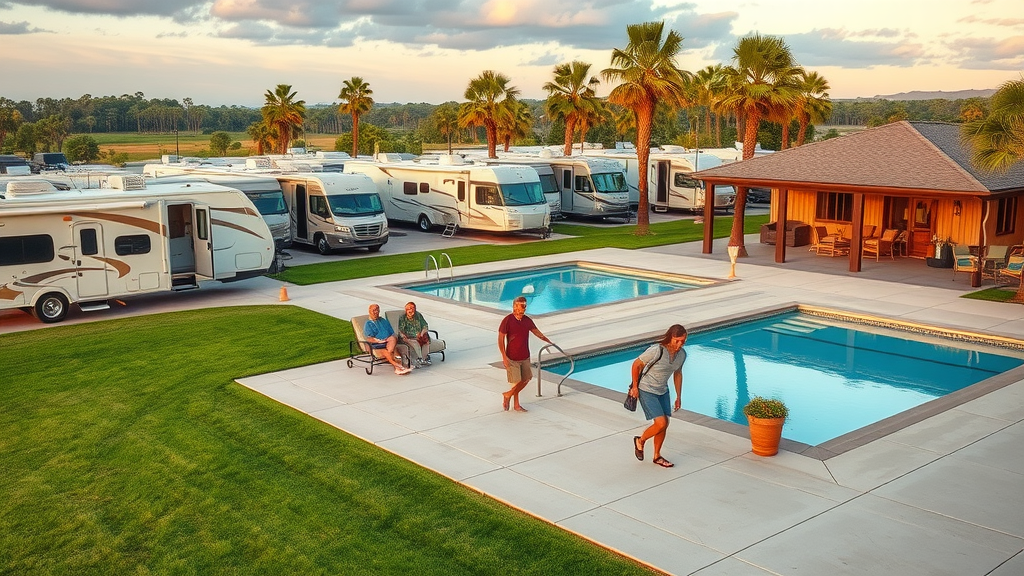 Spacious RV resort with swimming pool and amenities for an ideal stay