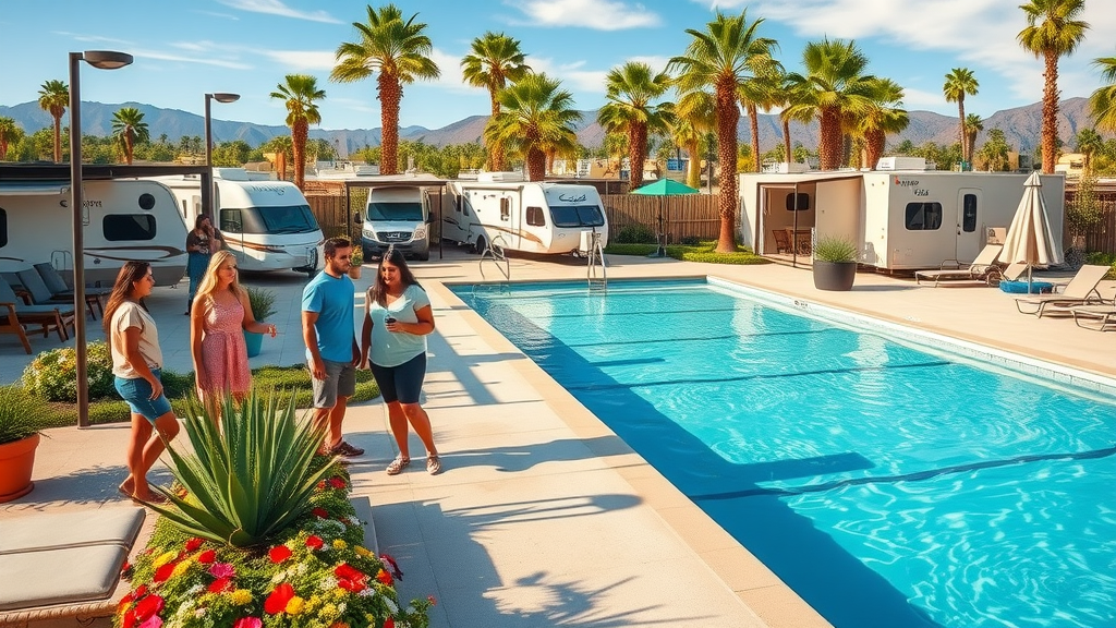 Modern RV resort amenities with pool and social spaces for travelers