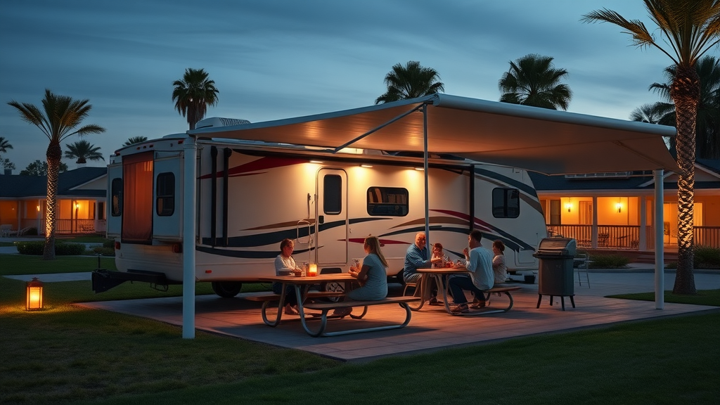 Covered RV site with family enjoying resort amenities in the evening