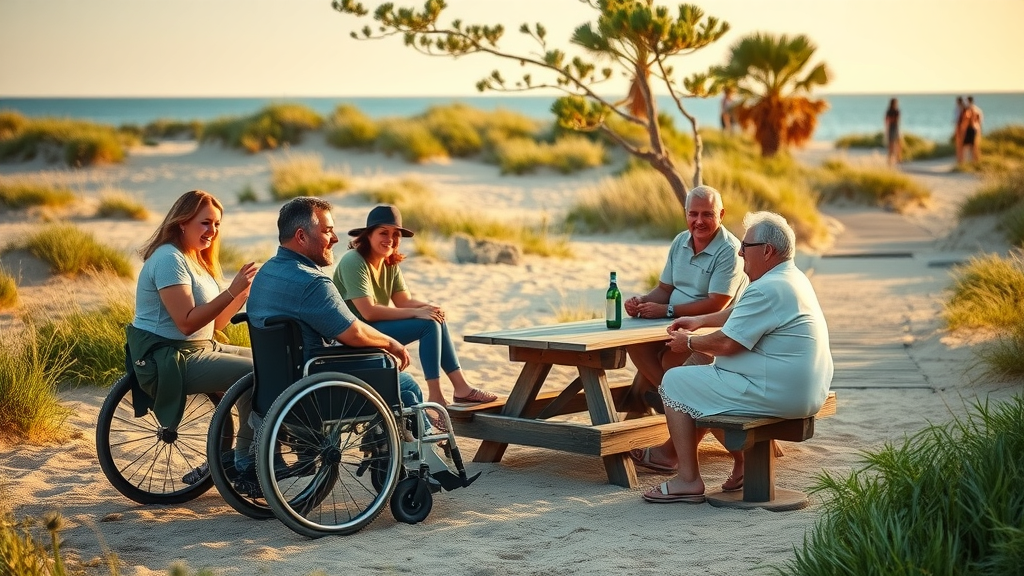 Campground accessibility features at beachfront site with inclusive campers