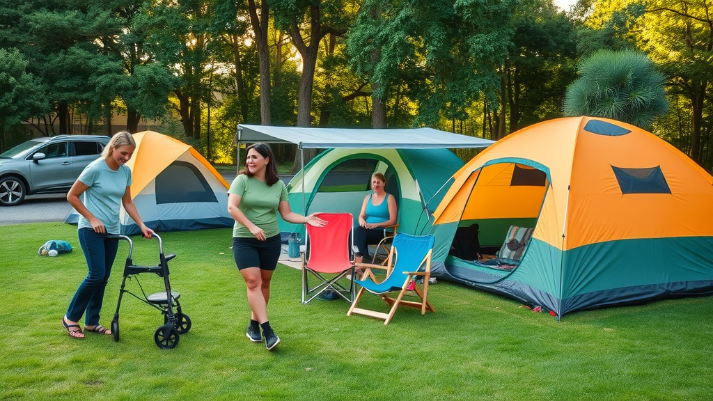 Inclusive group using accessible campground features to set up tents