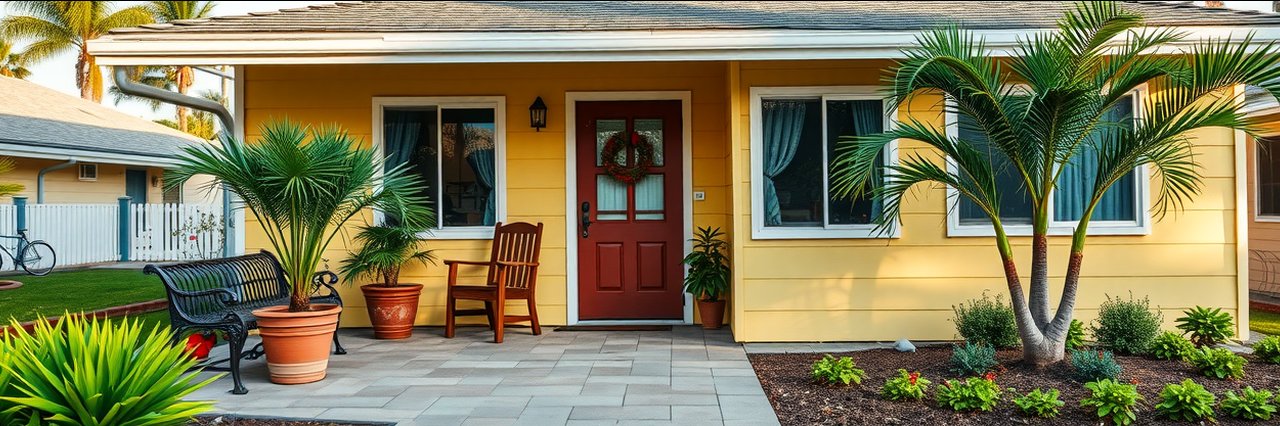 Affordable senior living home exterior with patio and garden in a peaceful setting