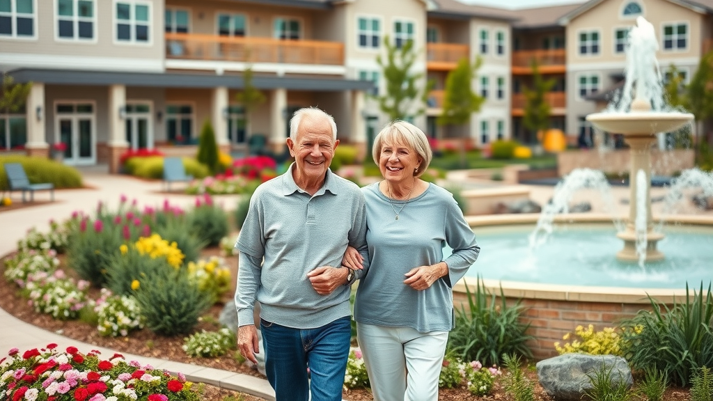 Affordable senior living complex with happy seniors in garden walkway