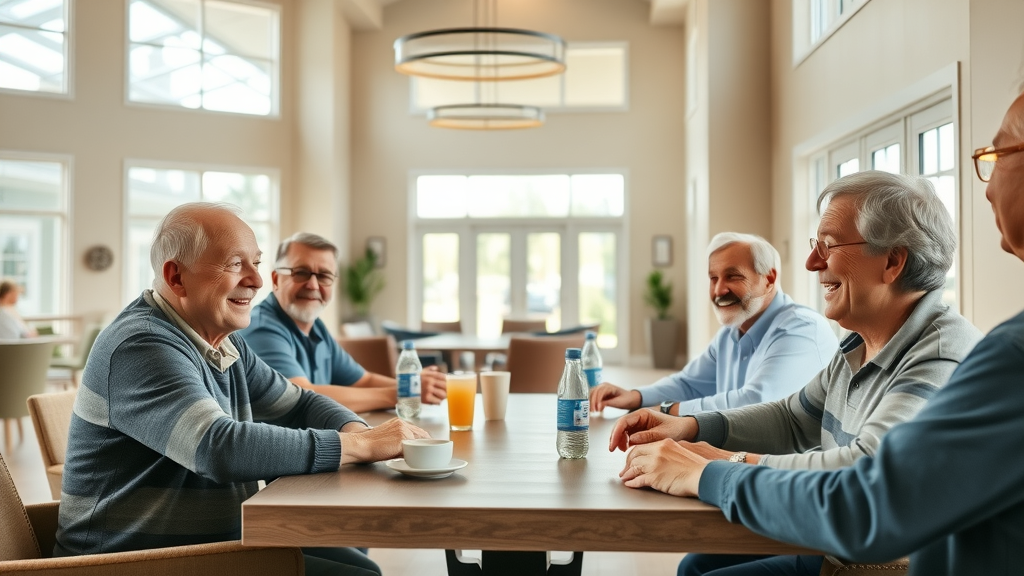 Active affordable senior living community residents enjoying indoor group activities