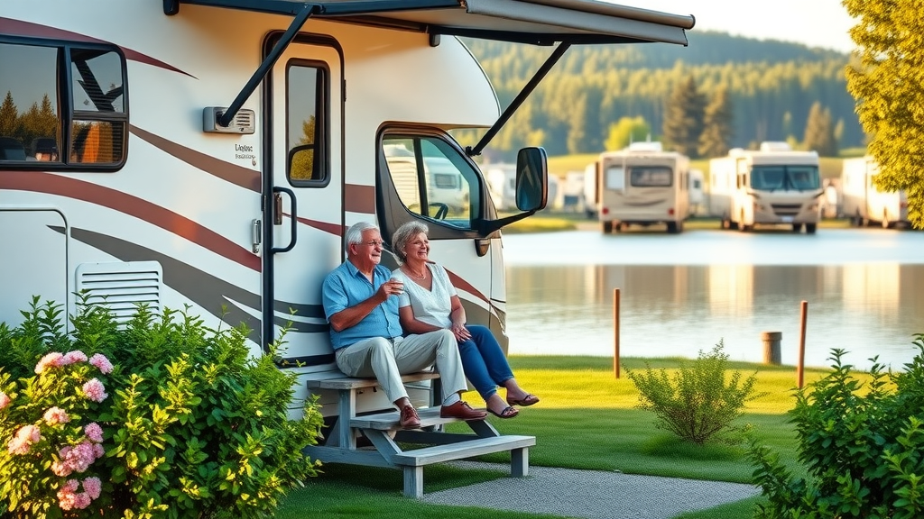 Affordable senior living with lakeside RV lifestyle and happy retirees relaxing outdoors