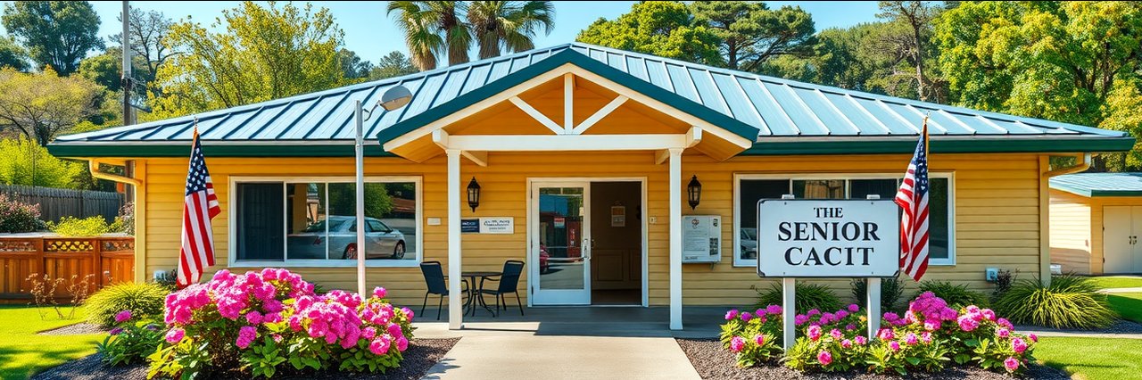 Charming senior living facility in Brownsville with garden and welcoming entrance