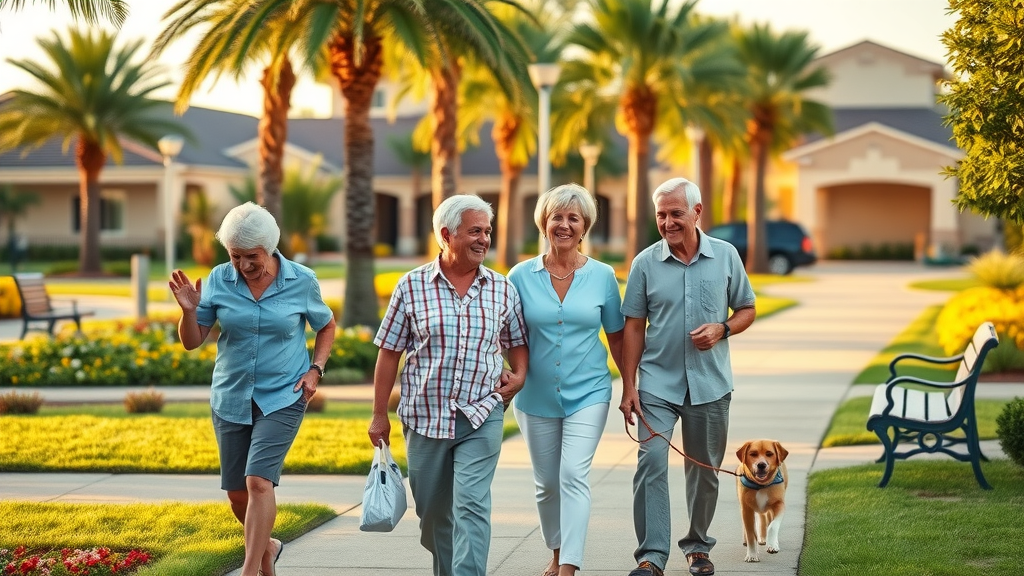 Senior living Brownsville community enjoying outdoor activities in lush landscaped grounds