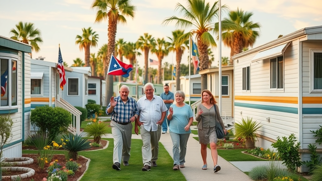 Active seniors in Brownsville strolling vibrant mobile home and RV community