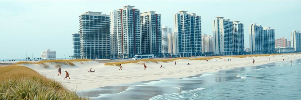 Modern beachfront high-rises at Isla Blanca Park under cloudy sky with beachgoers