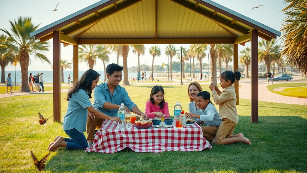 Family picnic at Isla Blanca Park pavilion with kids and palm-tree background.