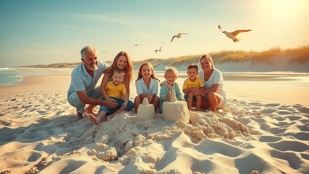 Families enjoy Texas state park events building sandcastles on Mustang Island beach.