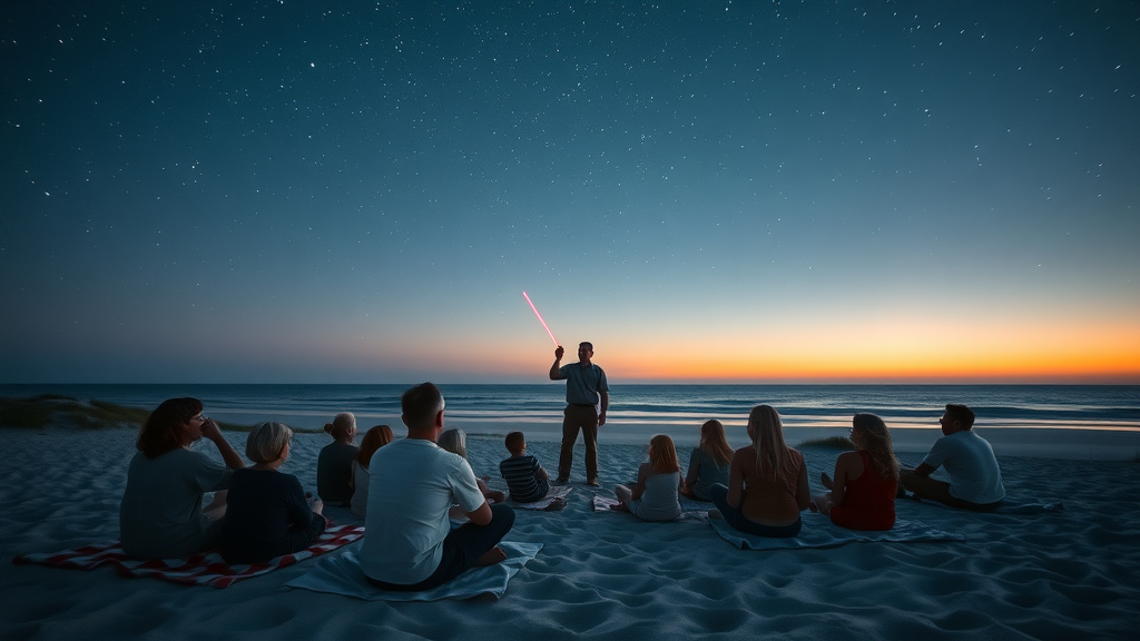 Stargazing Texas state park event on Mustang Island with families by the shore.