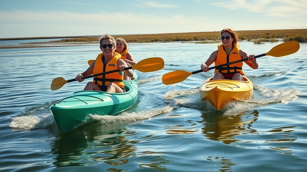 Kayaking during Texas state park events on Mustang Island bay waters with wildlife nearby.