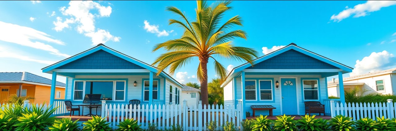 Coastal cabins with palm tree in South Padre, great for outdoor activities