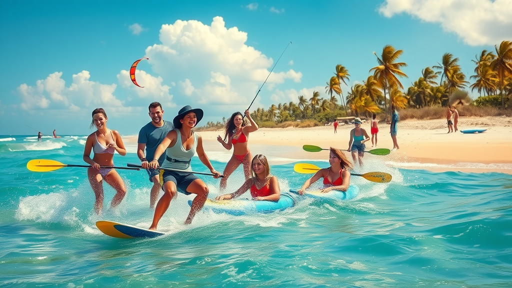 South Padre outdoor activities on the beach with kiteboarding and kayaking action.