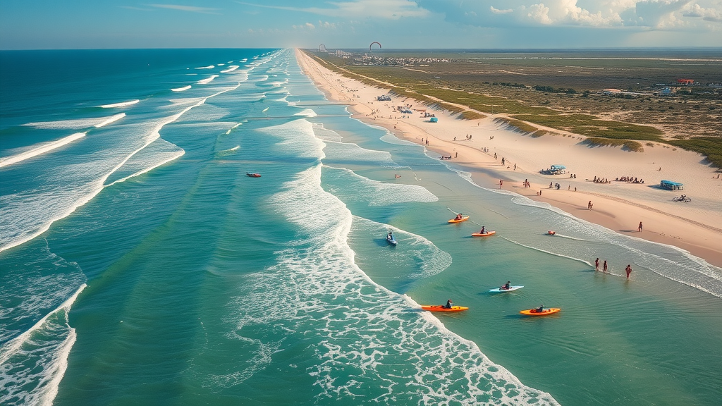 Aerial view of South Padre Island showing outdoor activities along the coast.