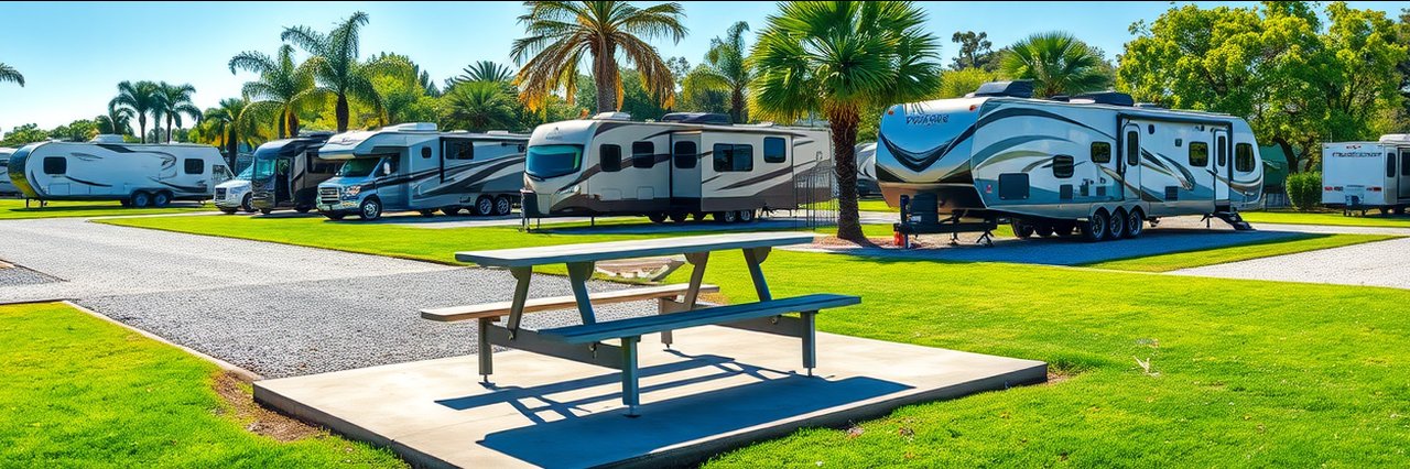 RV park with picnic table and community amenities and activities outdoors.