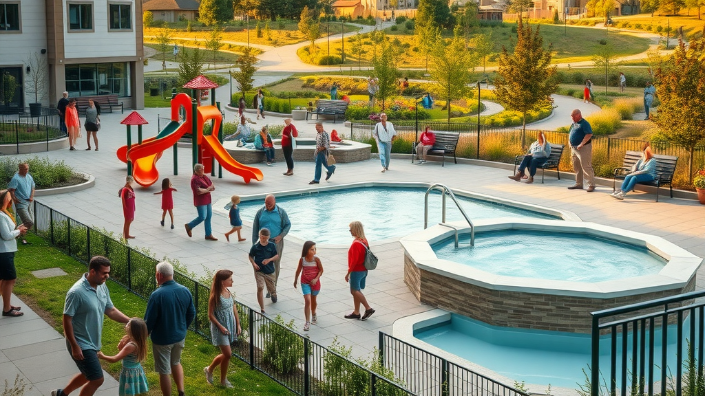Multigenerational community enjoying diverse amenities and activities outdoors