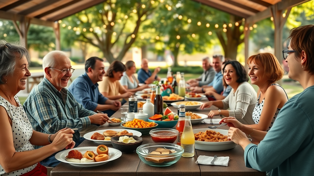 Community potluck with residents enjoying meals and socializing outdoors