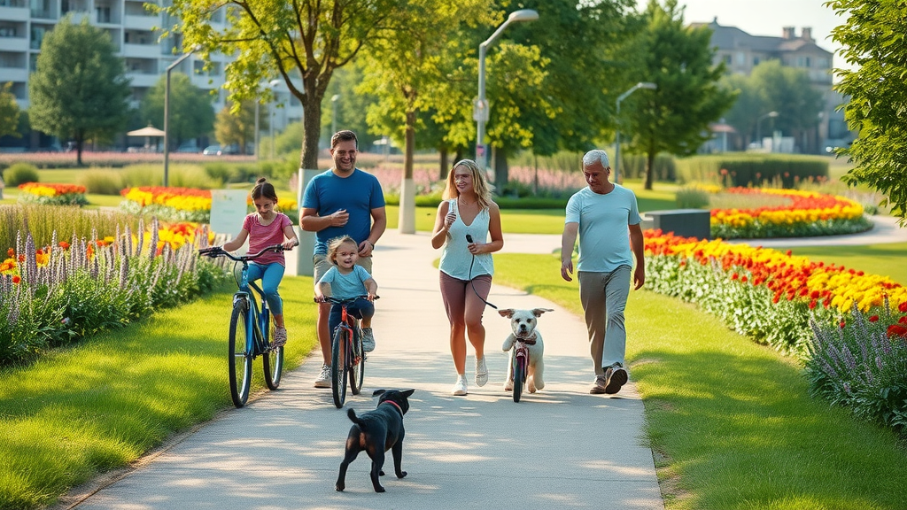 Family and pet enjoying community walking trails and amenities together