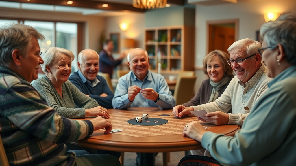Residents laughing and connecting during a community clubhouse game night