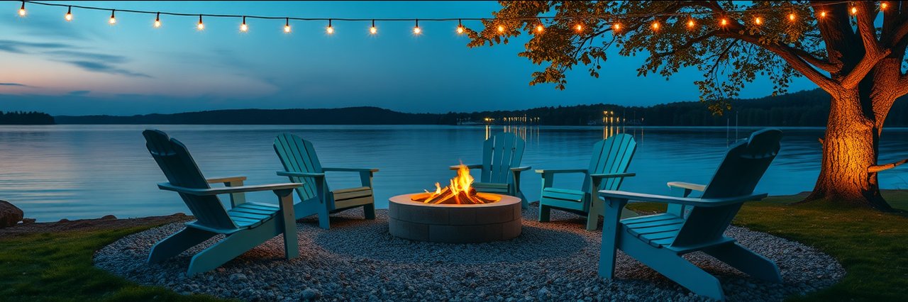 Calm evening lakeside fire pit with string lights, ideal for wildlife preserve visits.