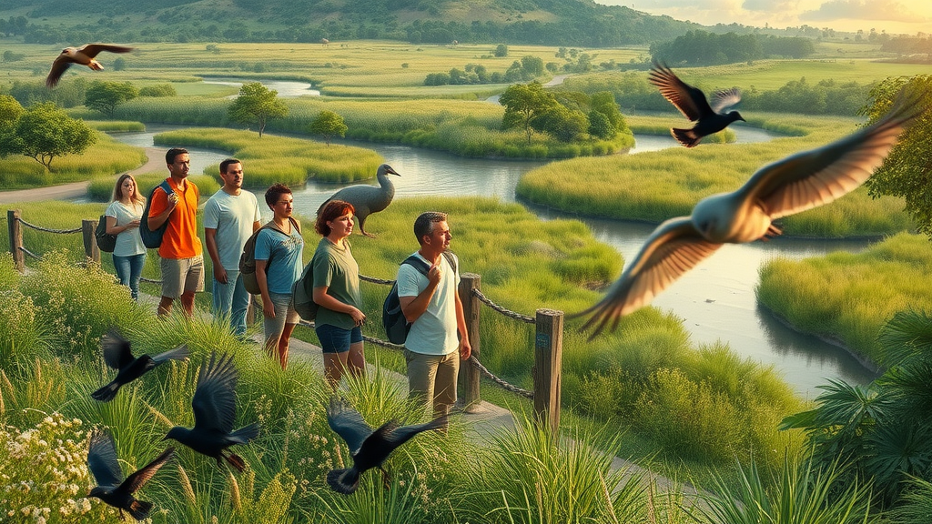 Diverse explorers enjoy wildlife preserve visits amid lush trails and birdwatching