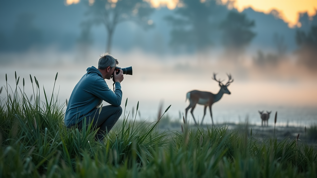 Wildlife preserve visit at dawn with photographer capturing grazing deer