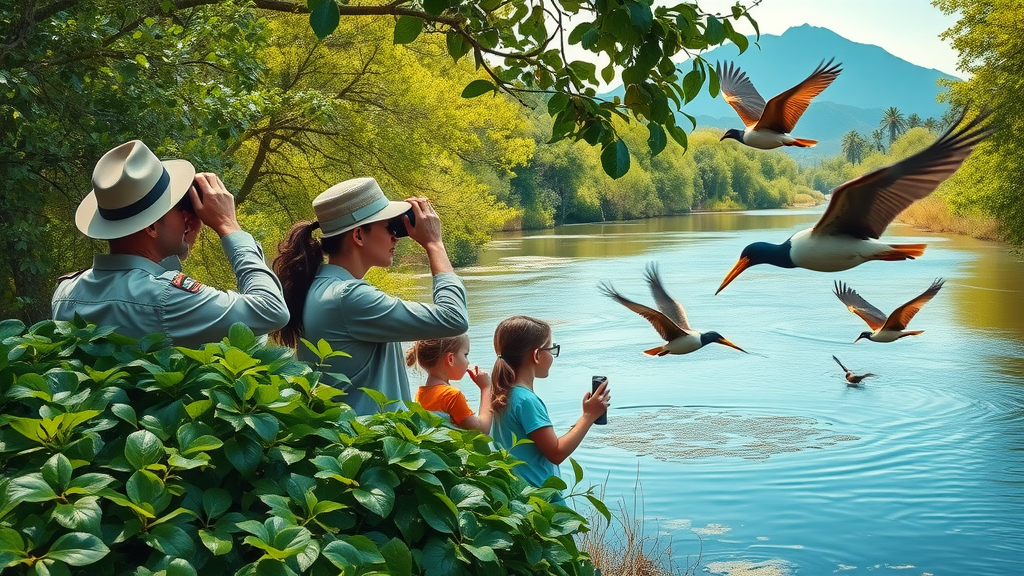 Family and ranger birdwatching during a wildlife preserve visit by the river