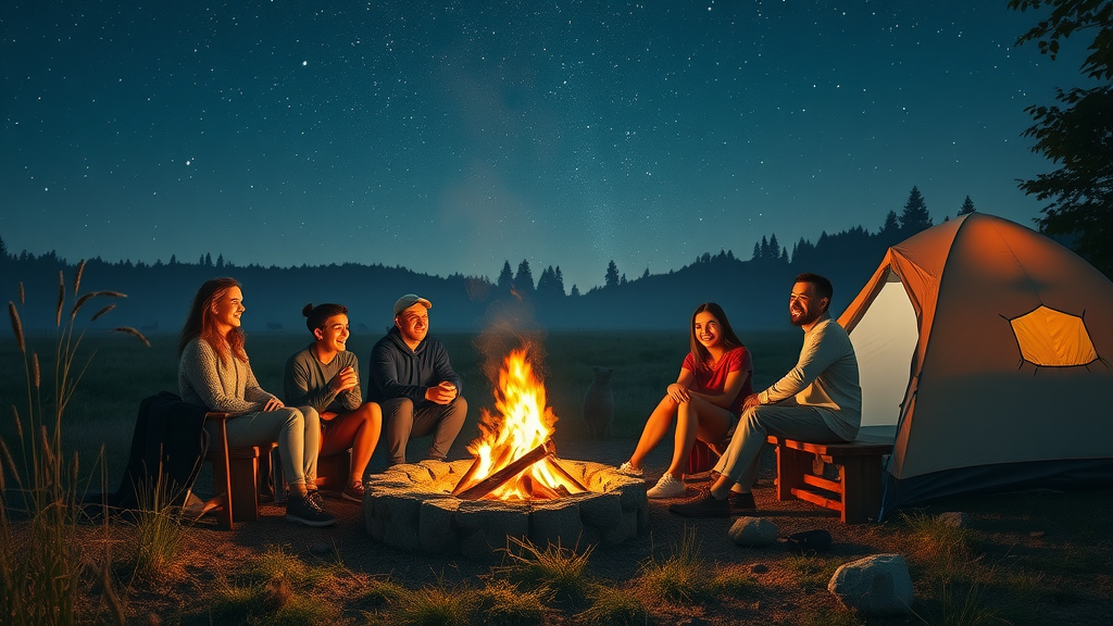 Campers enjoy night wildlife preserve visit sharing stories under a starry sky