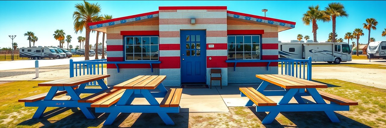 Colorful picnic area and building at Texas outdoor recreation site