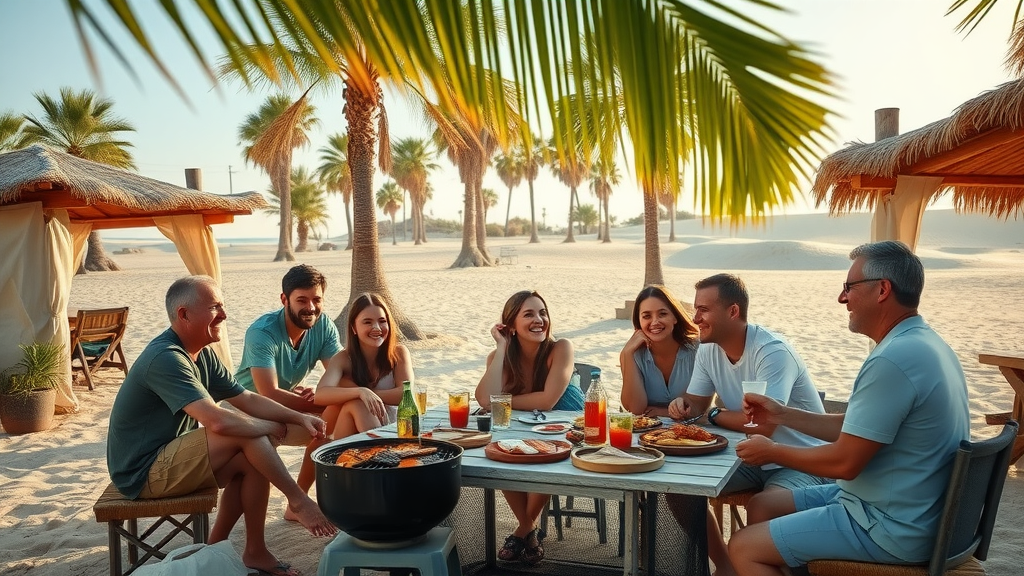 Group enjoys picnic and games by Isla Blanca cabanas for outdoor recreation Texas.