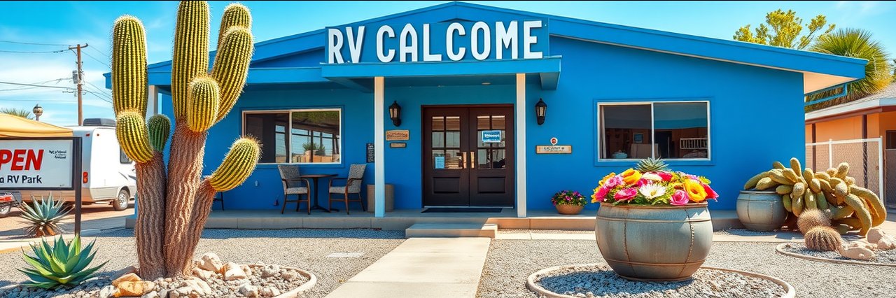 San Antonio RV park office entrance with blue walls, cactus, and planter.