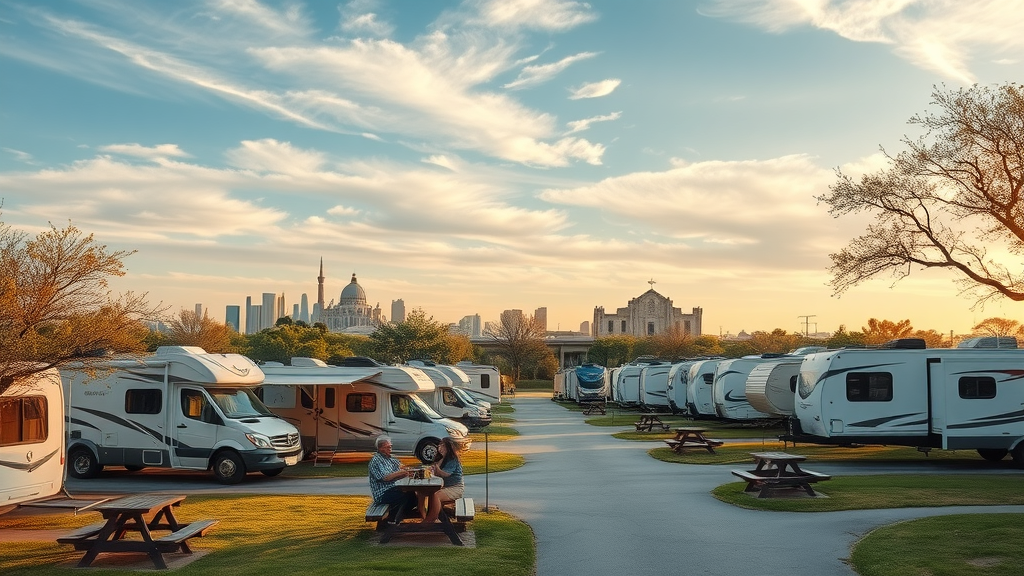 San Antonio RV park with skyline, RVs, relaxing guests, golden hour sunlight.