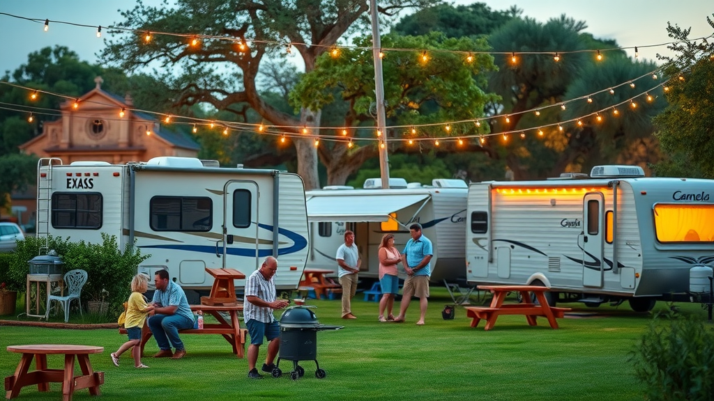 San Antonio RV park guests enjoy lush landscape and mission views at sunset.