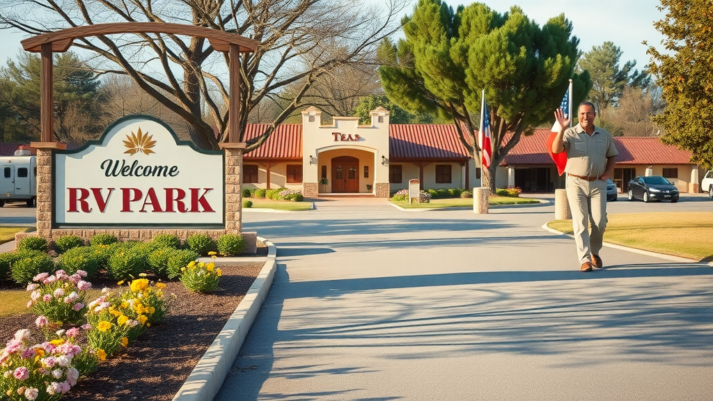 Mission-style San Antonio RV park entrance with friendly staff and wildflowers.