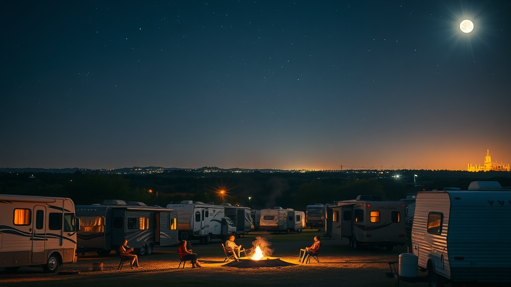 Night at San Antonio RV park, starlit sky, RVs, campers by warm fire.