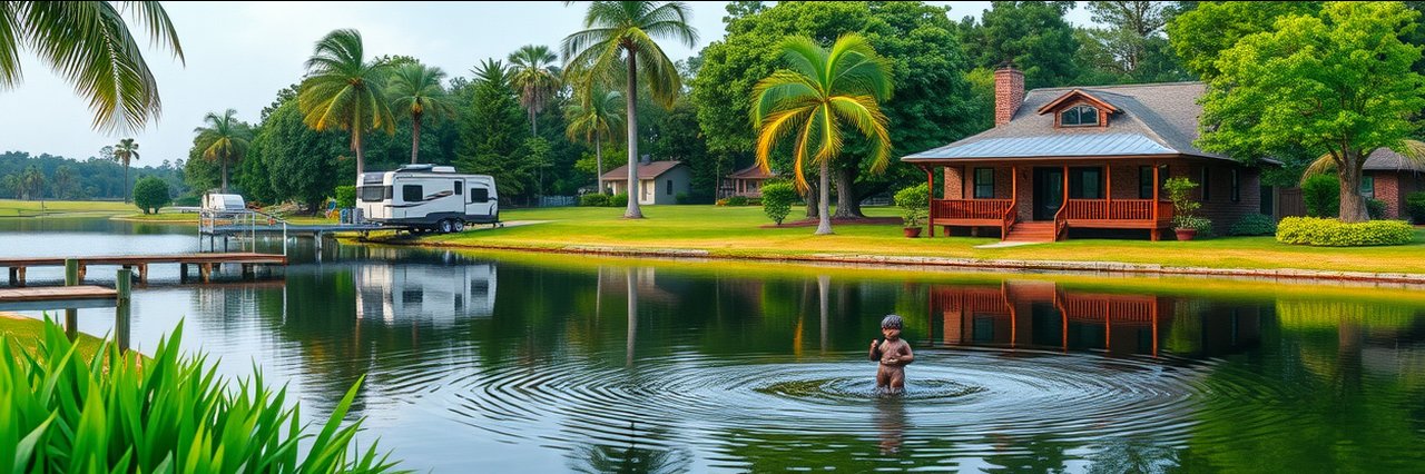 RV lot rental Brownsville featuring tranquil lakeside view, dock, and palm trees.