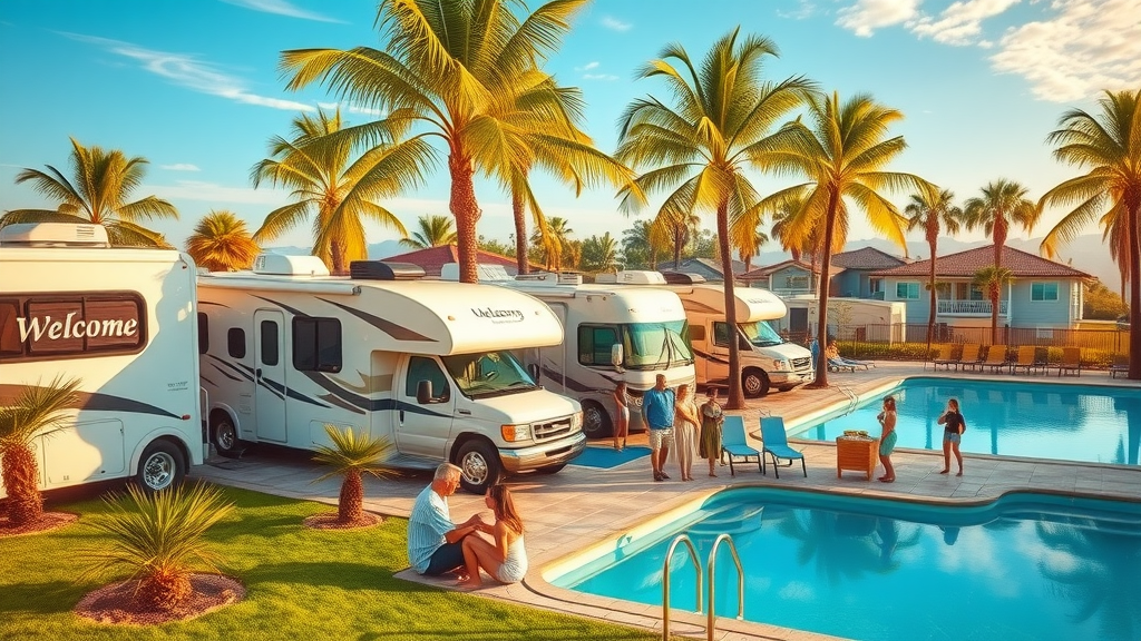 Welcoming RV resort with modern RVs and palm trees in Brownsville