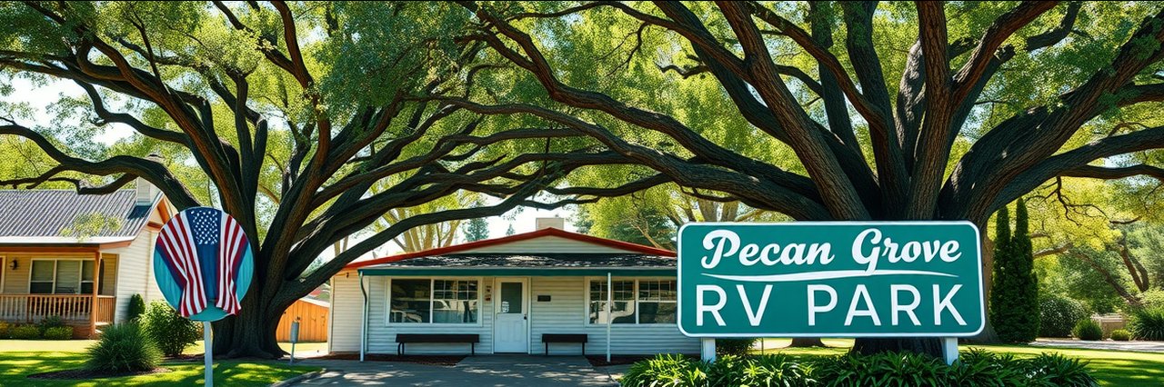 Pecan Park Riverside RV Park entrance sign surrounded by lush pecan trees