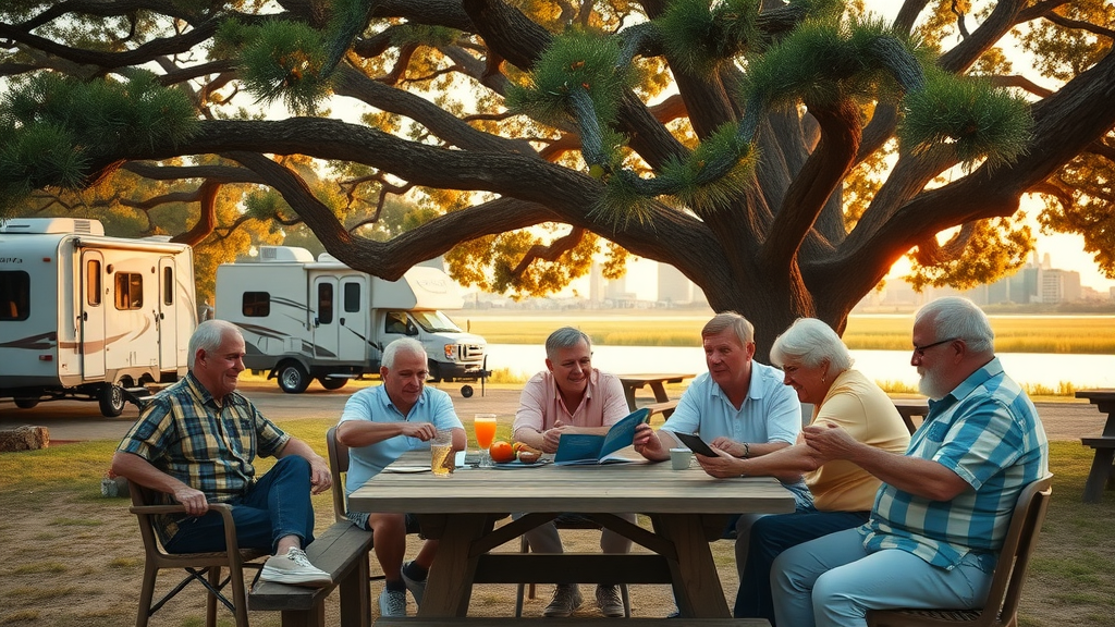 Community gathering at pecan park riverside rv park RV campground under pecan trees