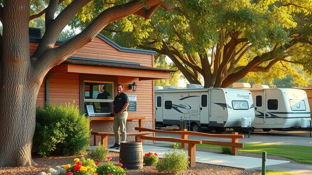 Friendly staff welcome at pecan park riverside rv park RV campground office