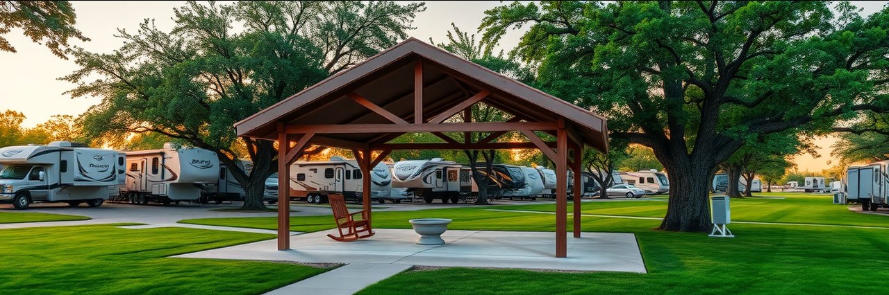 Modern RV park with pavilion and fire pit for long term RV stays at sunset.