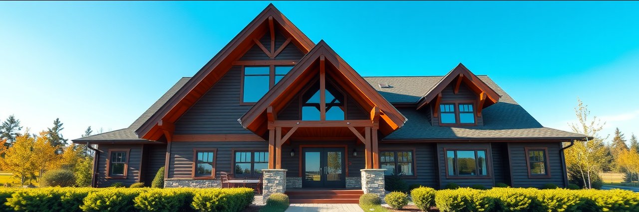 A-frame lodge building at pet friendly RV camping site under blue sky.